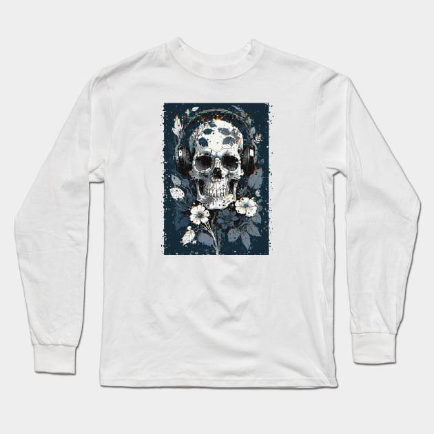 Skull with Headphones and Flowers Glitch Art Long Sleeve T-Shirt by TotoBeibee